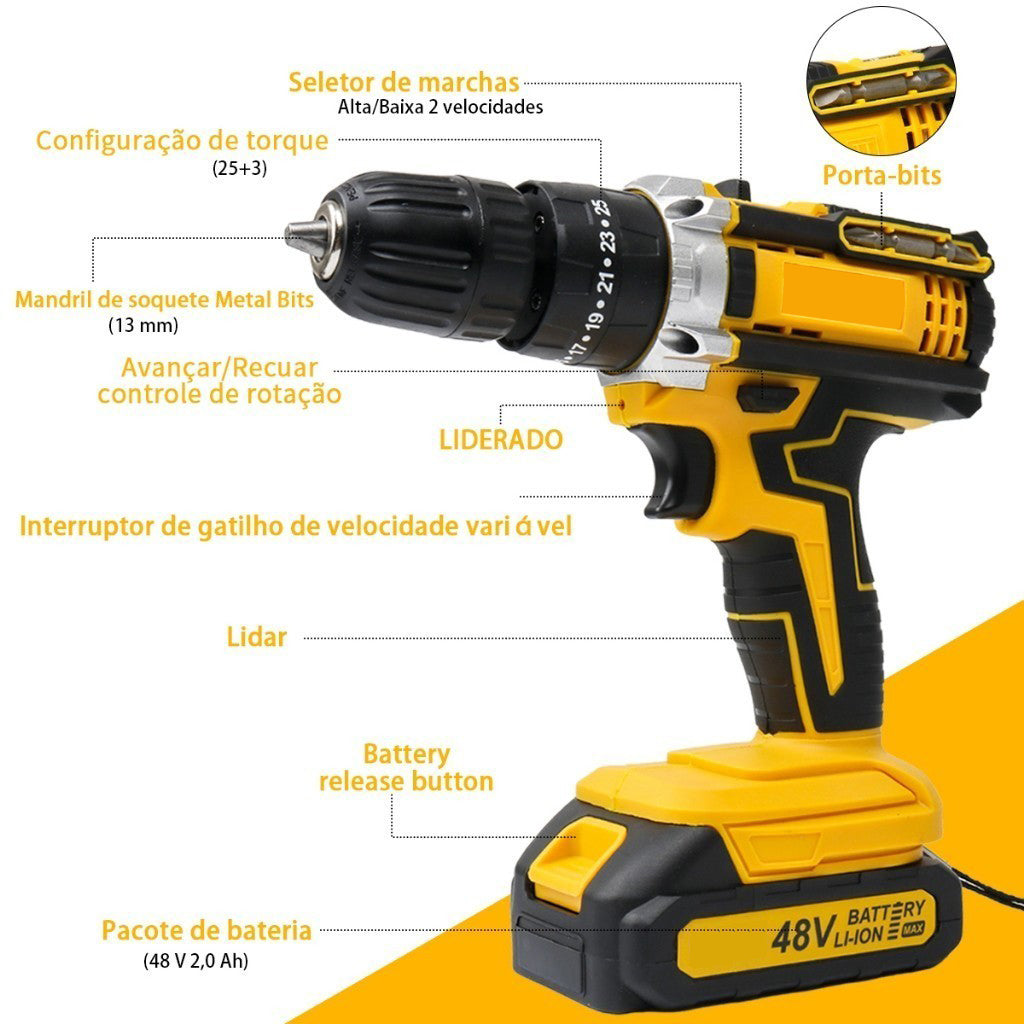Parafusadeira e Furadeira à Bateria 48V com 2 Baterias e Carregador, 2 Velocidades Variáveis, Luzes LED, Kit de 28 Acessórios e Maleta, Conjunto Completo para Perfuração e Parafusamento