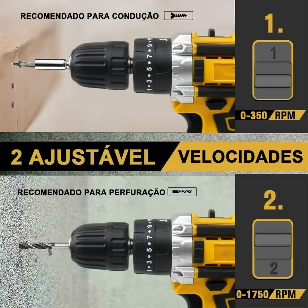 Parafusadeira e Furadeira à Bateria 48V com 2 Baterias e Carregador, 2 Velocidades Variáveis, Luzes LED, Kit de 28 Acessórios e Maleta, Conjunto Completo para Perfuração e Parafusamento