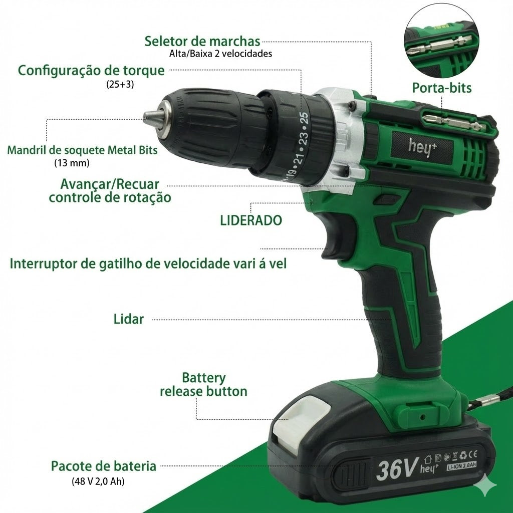 Parafusadeira e Furadeira à Bateria 36V com 2 Baterias e Carregador, 2 Velocidades Variáveis, Luzes LED, Kit de 30 Acessórios e Maleta, Conjunto Completo para Perfuração e Parafusamento
