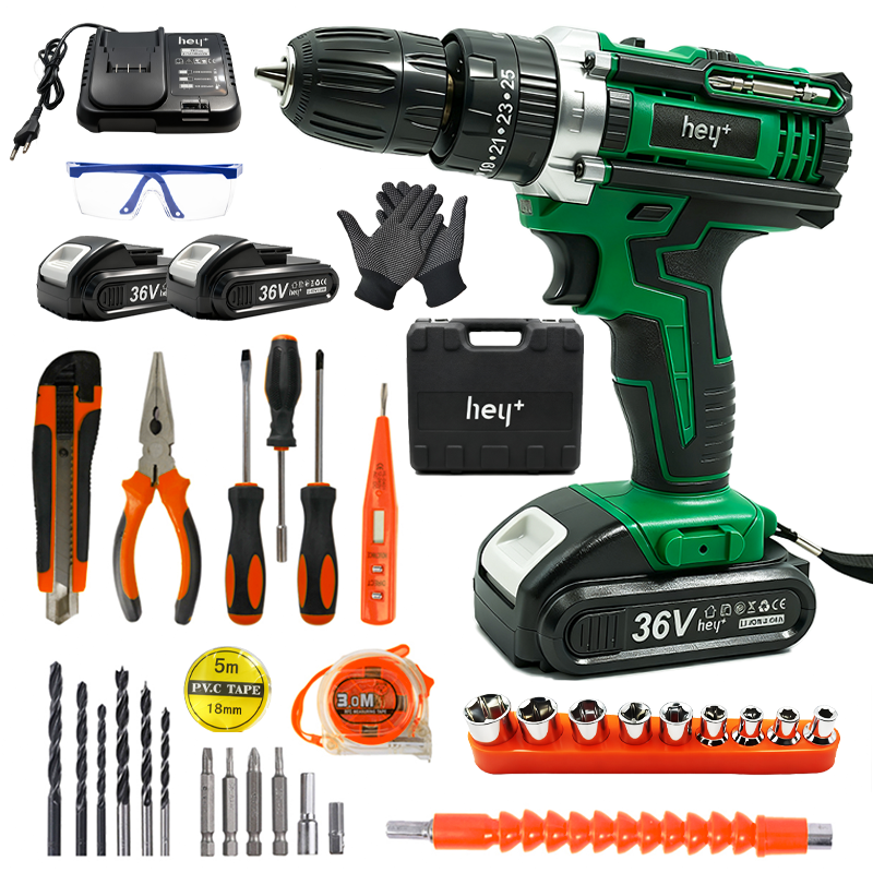 Parafusadeira e Furadeira à Bateria 36V com 2 Baterias e Carregador, 2 Velocidades Variáveis, Luzes LED, Kit de 30 Acessórios e Maleta, Conjunto Completo para Perfuração e Parafusamento
